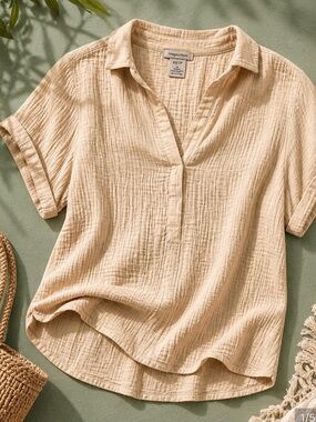 Organic Cotton Natural Gauze Blouse • XS • Minimalist Summer • Coastal Chic